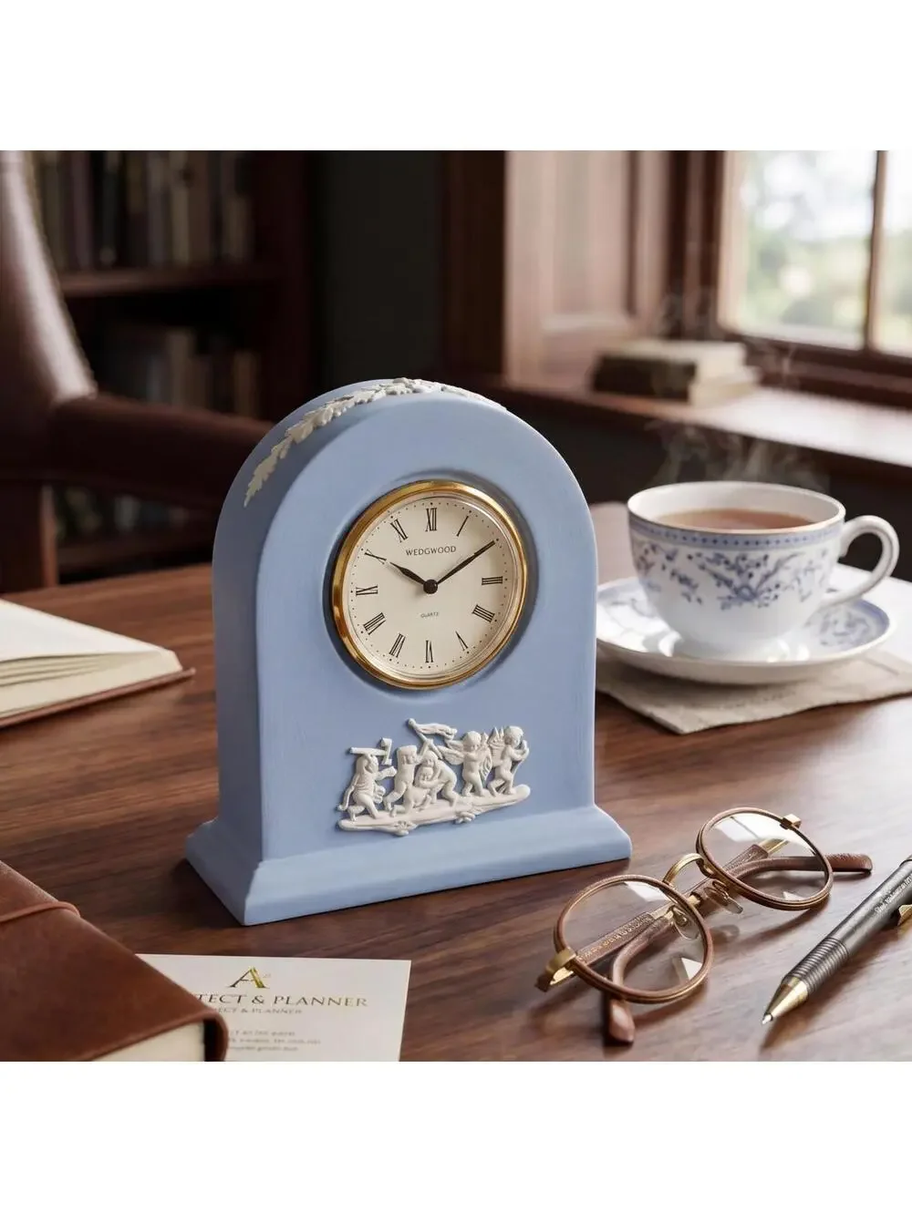 Vintage Wedgwood Jasperware Blue Mantel Clock Cherub Quartz Clock England